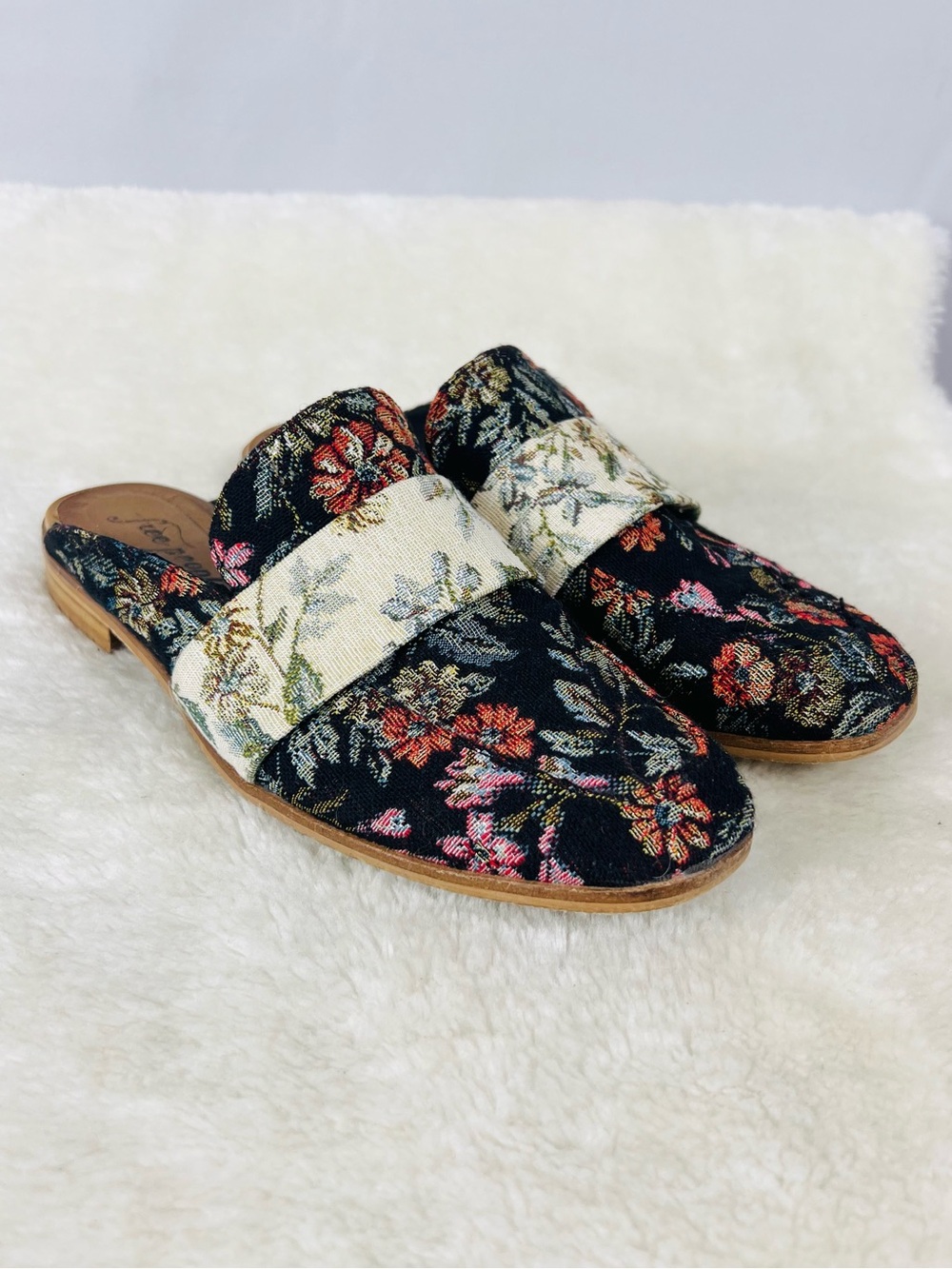 Free People Floral Embroidered Slip On Mules - Black Floral
